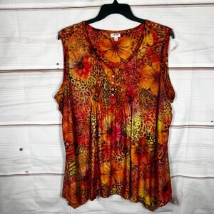 Avenue Sleeveless Tank Top Women 26 28 Orange Floral Animal Print Pintuck Henley